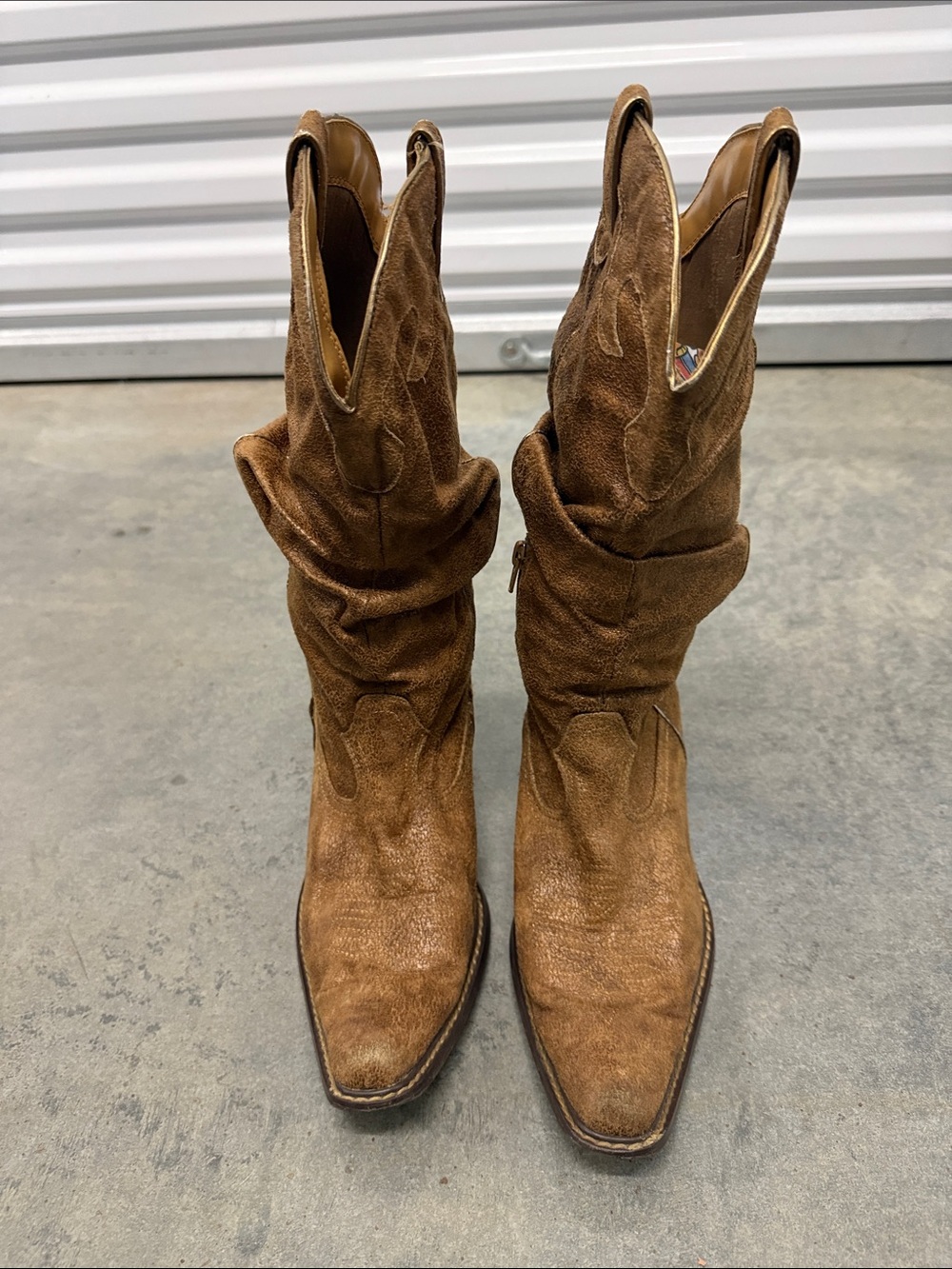 Slouchy Suede Mid-Calf Heeled Western Boots in Brown